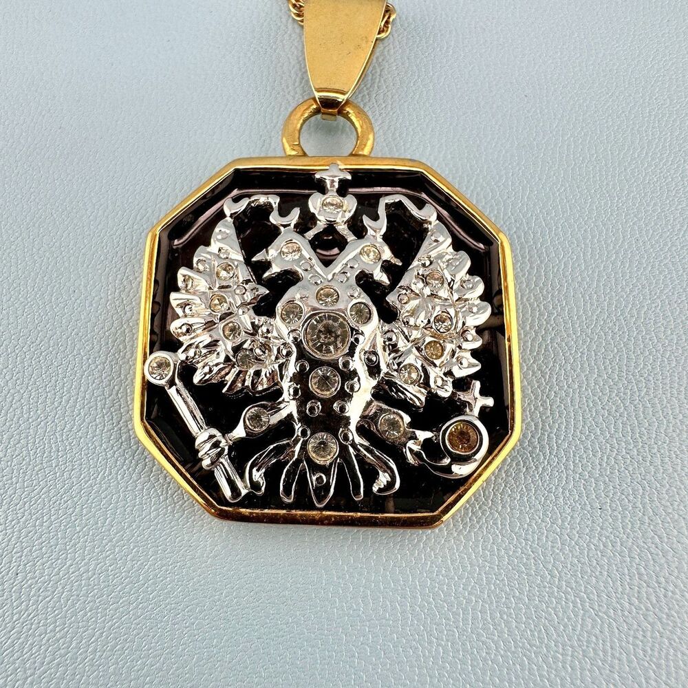Vintage Joan Rivers Coat of Arms Necklace Eagle Bird Rhinestone Black Enamel